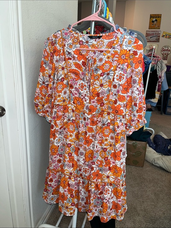 Dokotoo Dresses & Skirts - Orange Floral Tiered Mini Dress with Flutter Sleeves